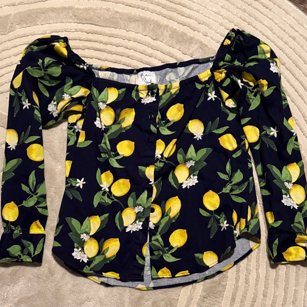 RDI Navy Lemon Patterned Off-Shoulder Blouse “The Shirt”